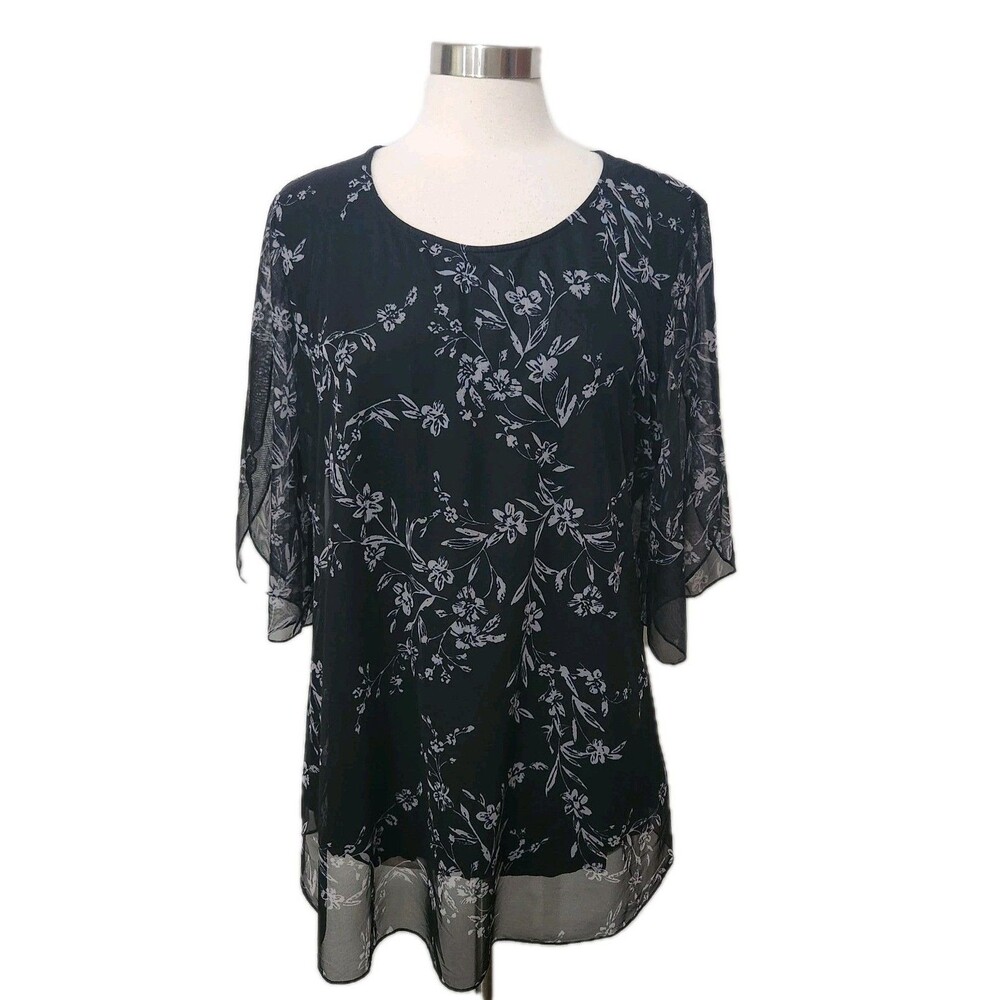 Sese Code Blouse Women 2XL Black Floral Chiffon Lined Sheer Tulip Sleeve Dressy